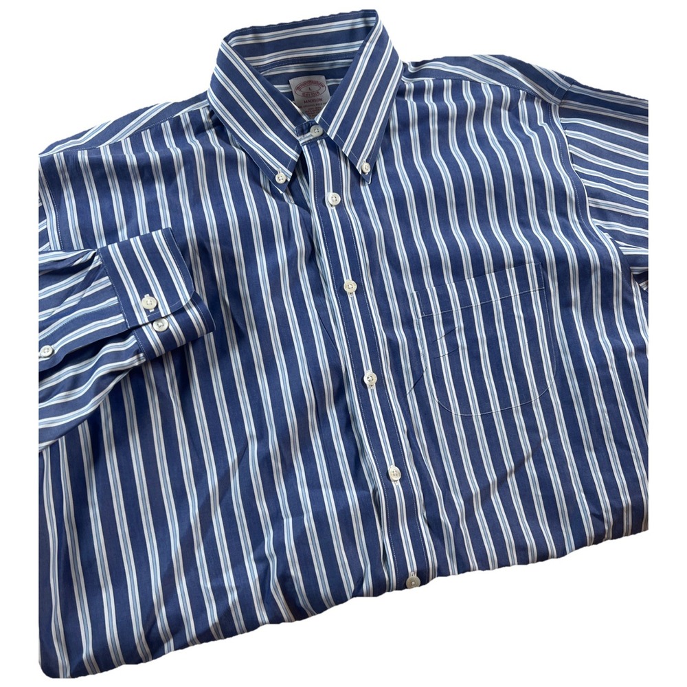 Brooks‎ Brothers Men's Madison Fit Non Iron White Blue Striped Shirt L